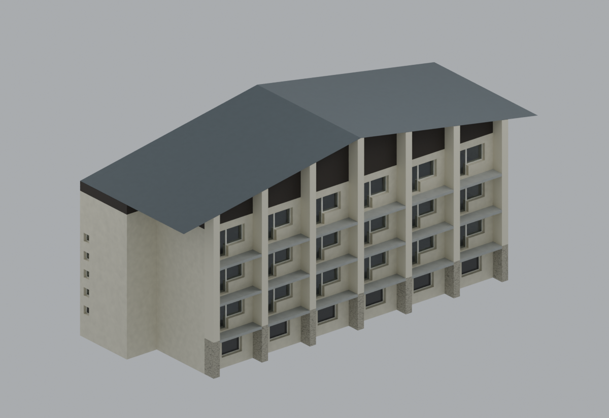 Generated three-dimensional review model of the 1970s residential building